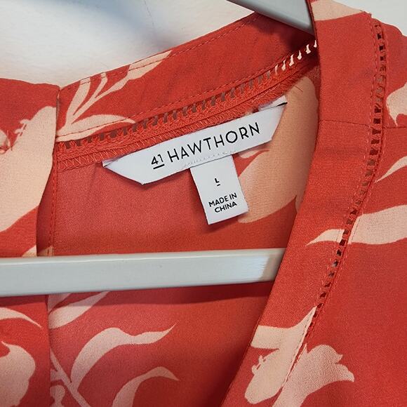 41Hawthorn Floral Ruffle Sleeve Blouse Size L Eyelet Neck Chiffon Flowy Office - Picture 4 of 7